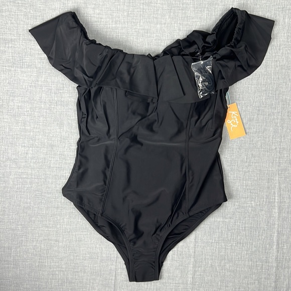 16W 24W Kona Sol Black Ruffle Off Shoulder One Piece Swimsuit Plus Size - Picture 3 of 4